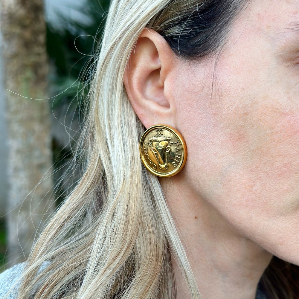 Chanel Vintage CC Paris Taurus Zodiac Clip-on Earrings